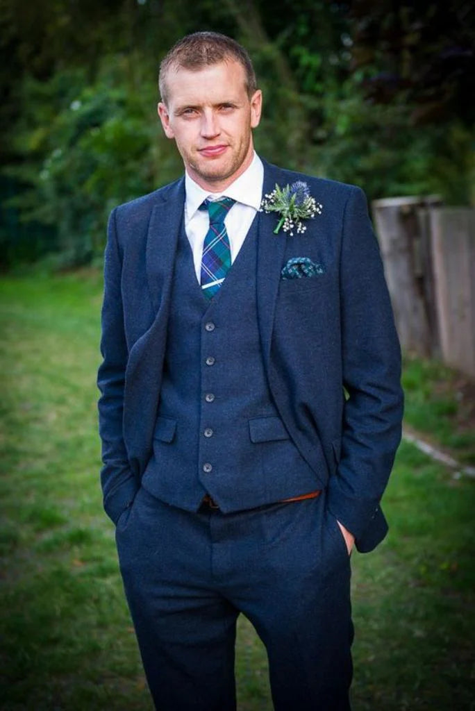 men three piece blue tweed suit for groomsmen-Front