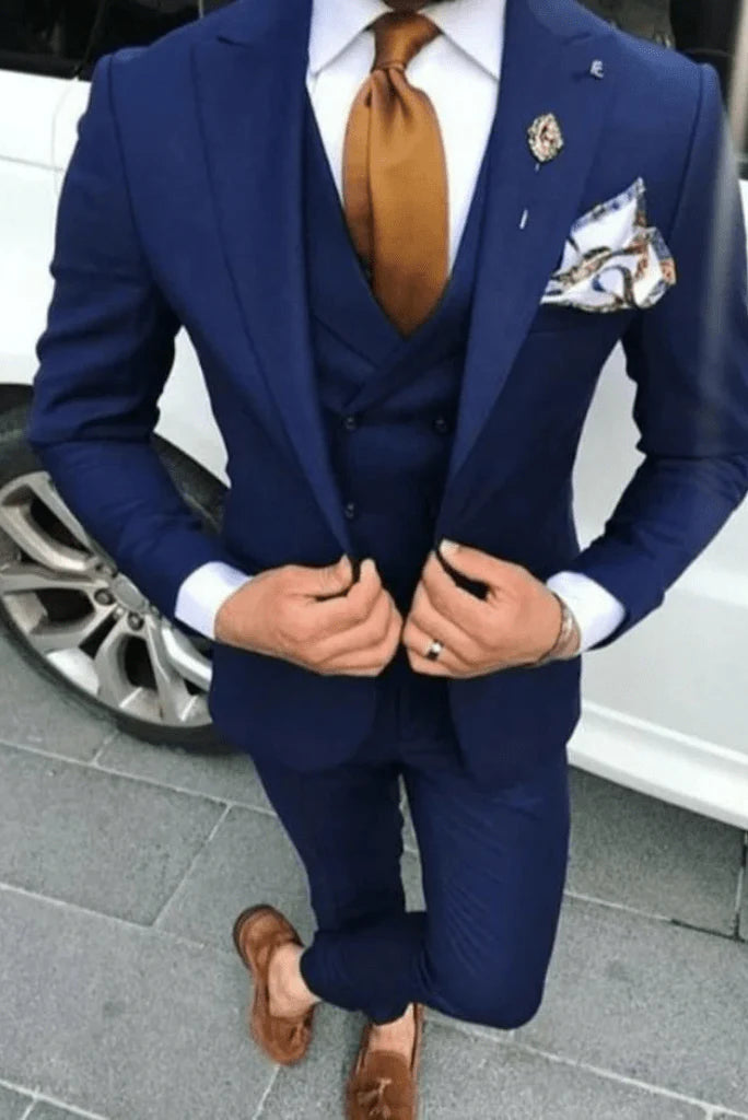 men slim fit formal fashion wedding blue suit-Front