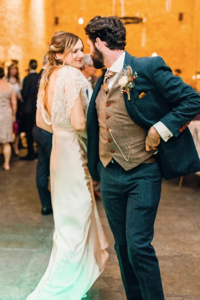 tweed blue wedding wear blue suit for groomsmen-Front