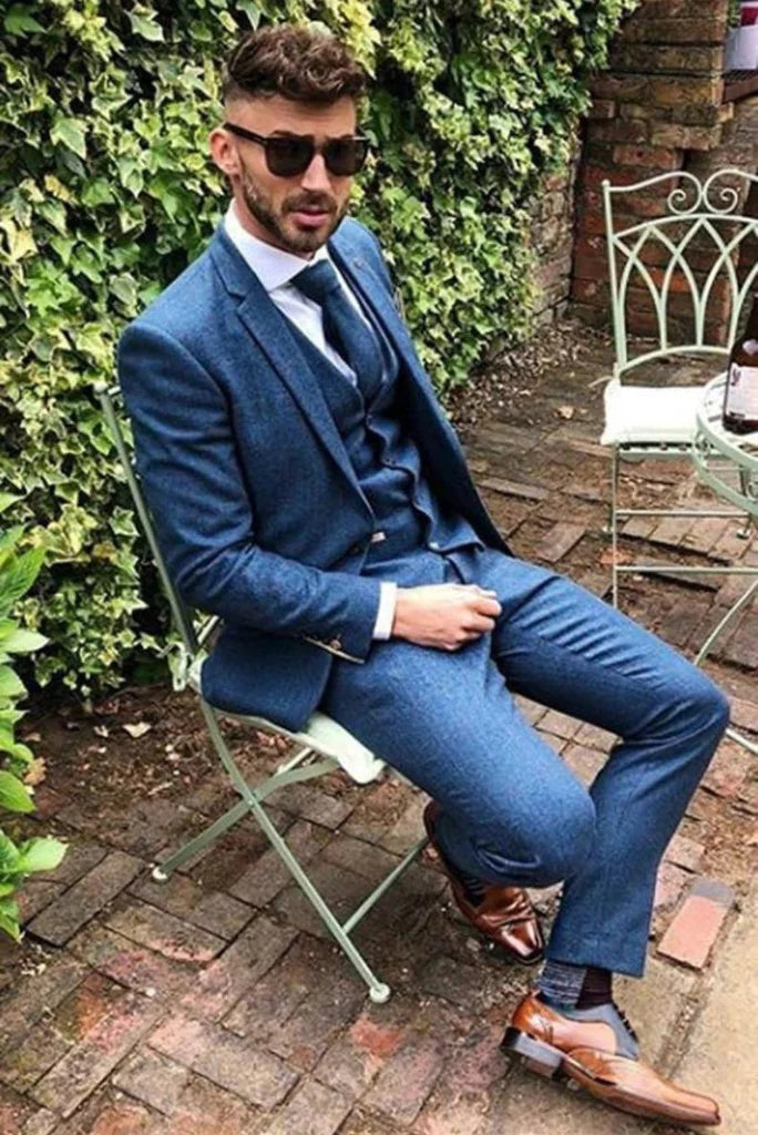tweed wedding wear blue suit for men-Front