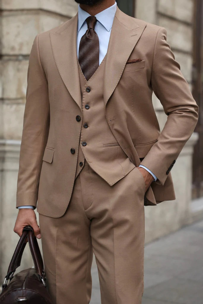 men three piece party wear brown formal suit- Front
