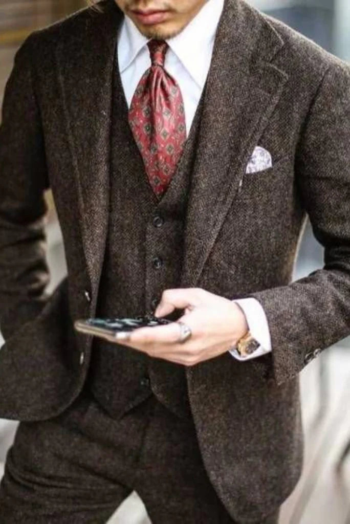 men brown tweed wedding wear tweed suit-Front