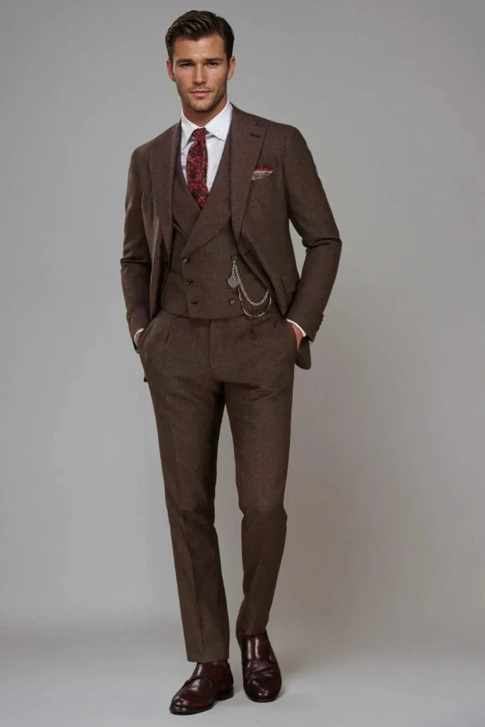 men brown tweed three piece suit-Front