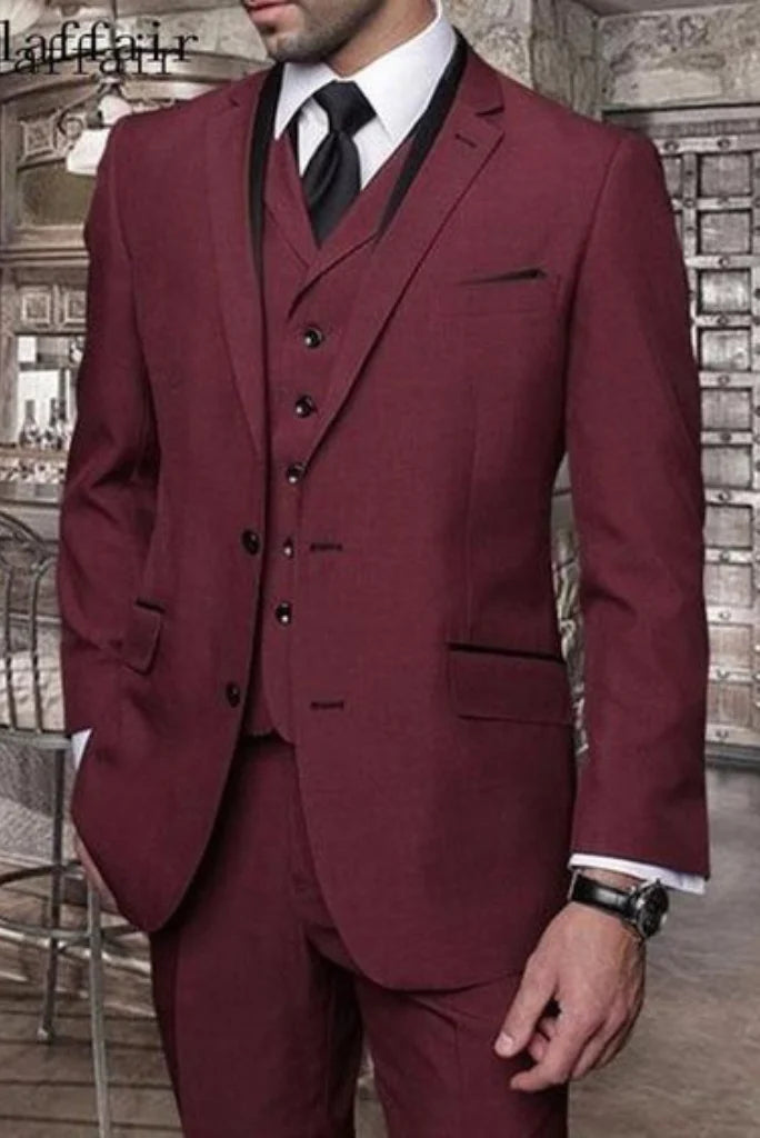 men party wear burgundy three piece suit-Front