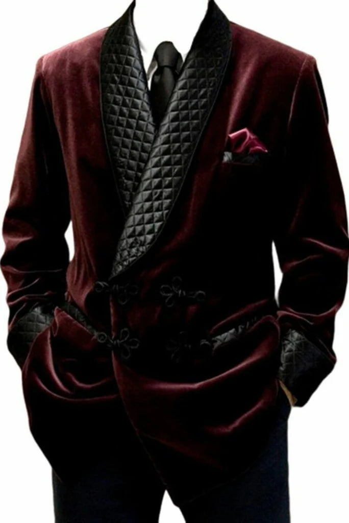 burgundy smoking jacket for men-Front