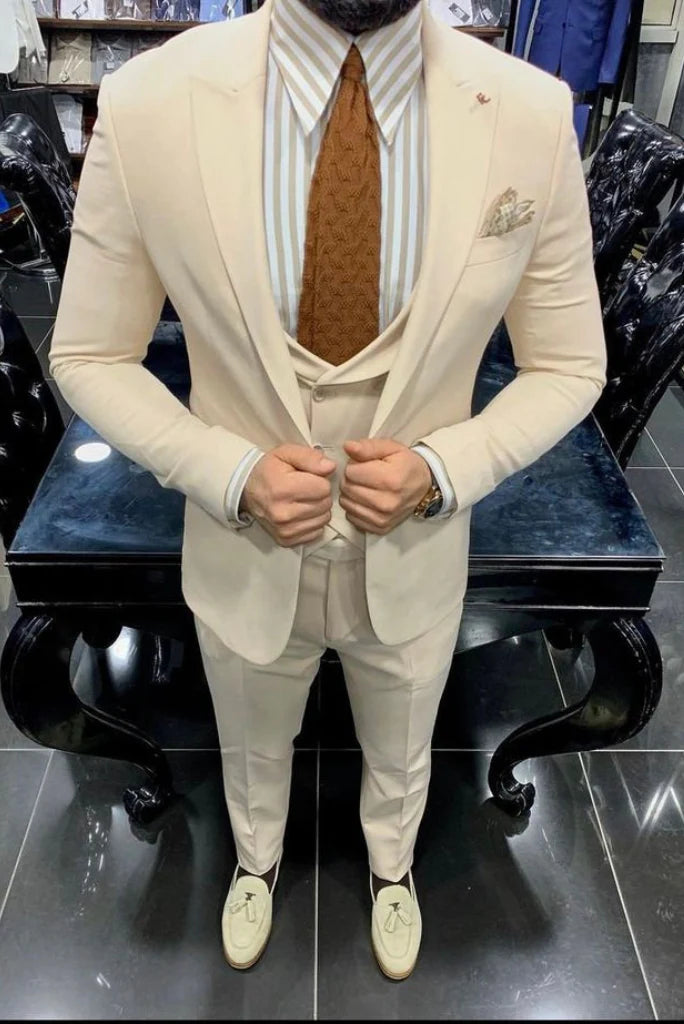 men cream wedding groom suit-Front