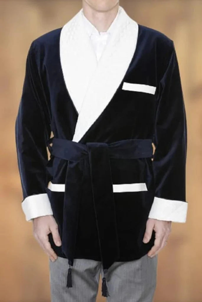 men dark blue winter wear smoking jacket-Front