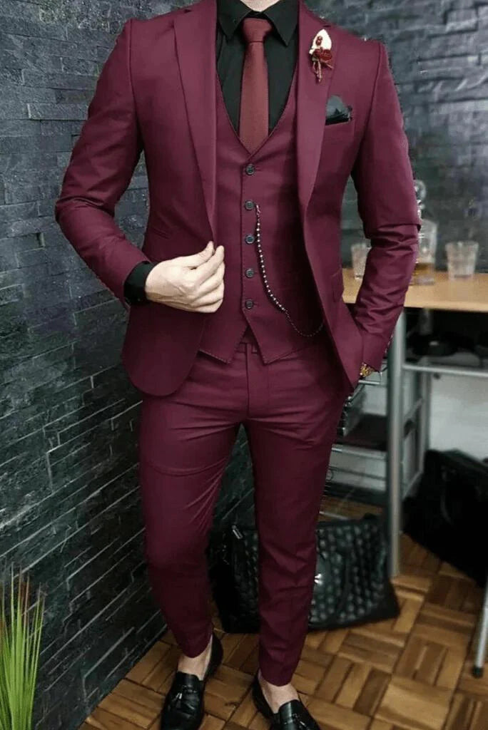 burgundy three piece suit for men-Front