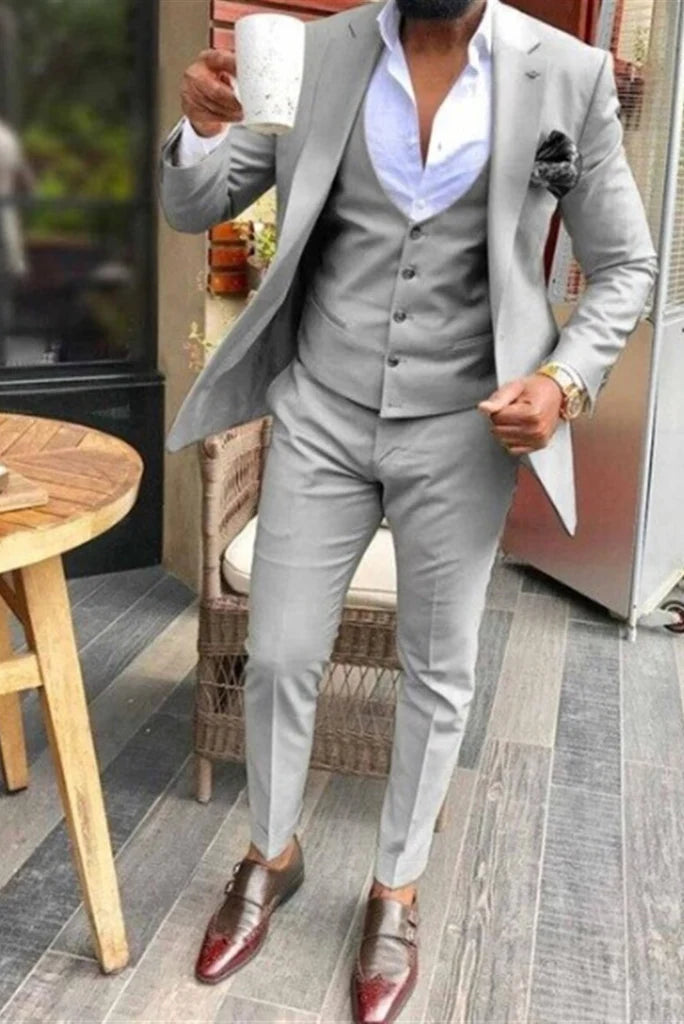 grey three piece party wear suit for men-Front