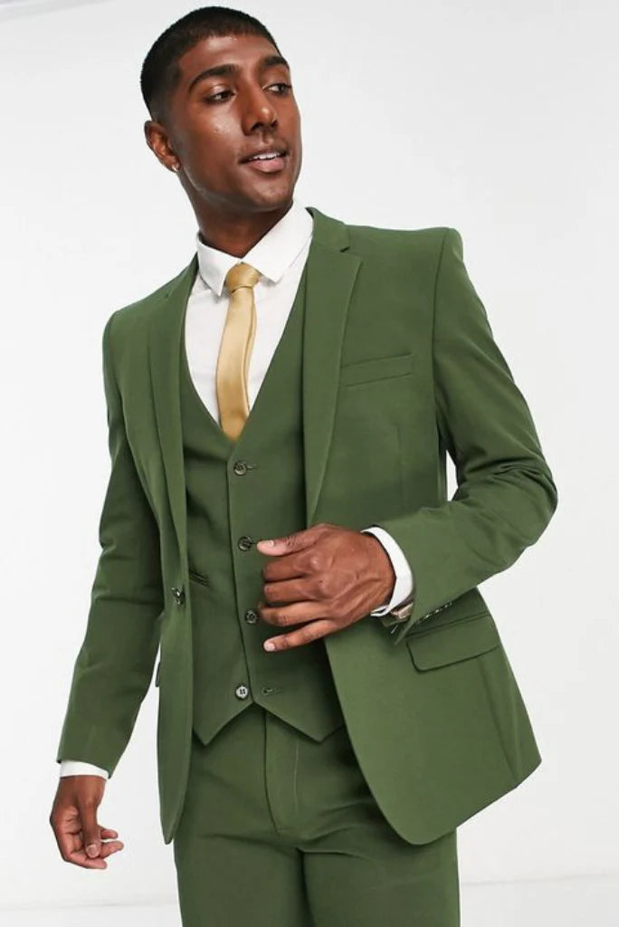 green three piece wedding wear suit for men-Front