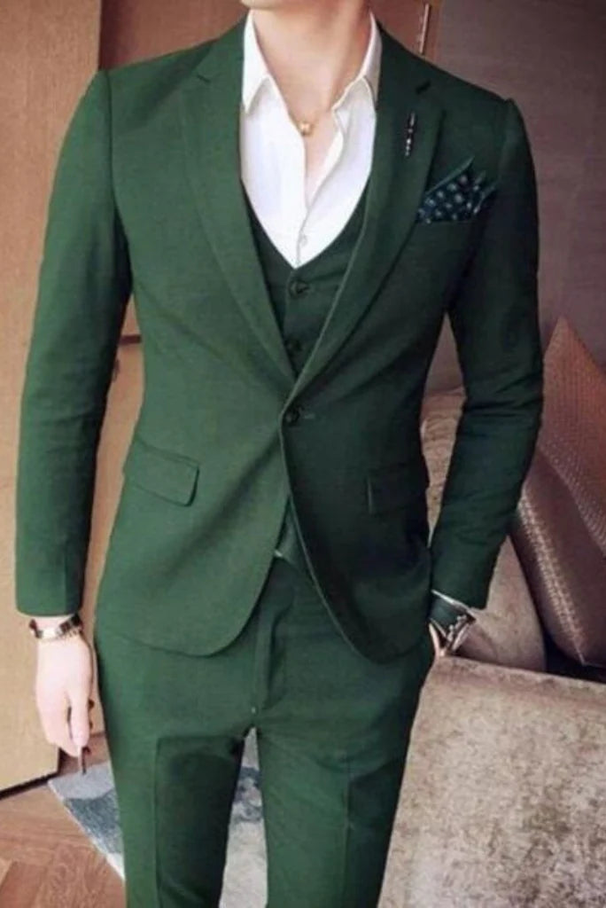 men three piece green suit for party wear-Front