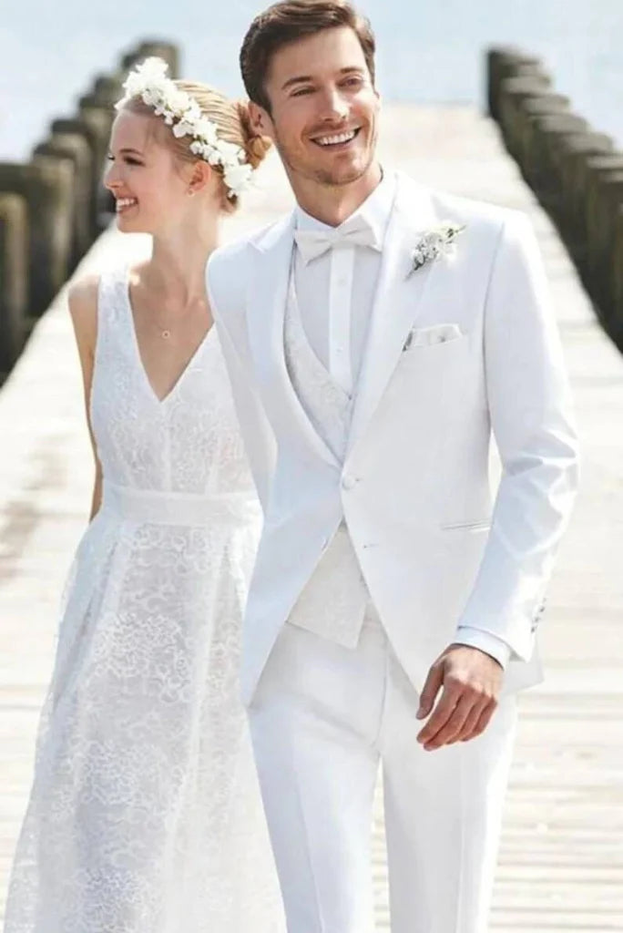 groom white stylish tuxedo suit for men-Front