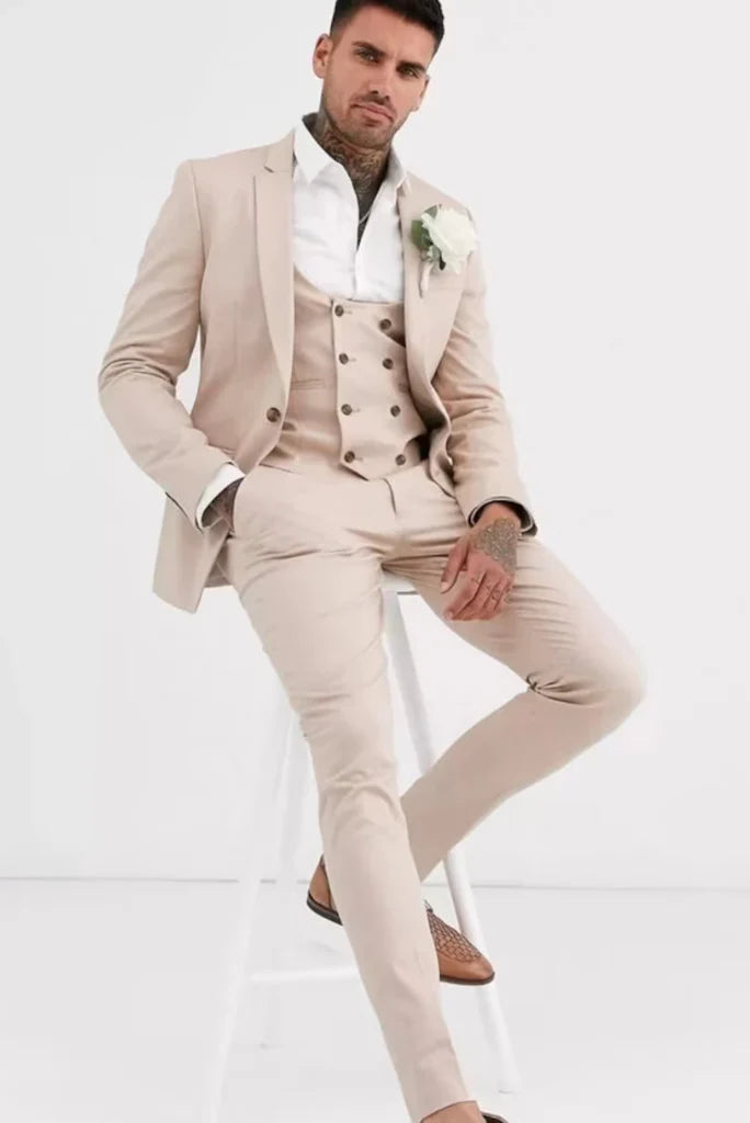 men formal party wear tuxedo light cream suit-Front