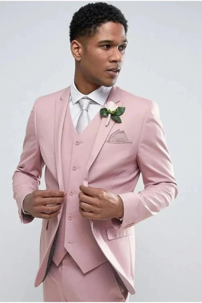 pink three piece wedding wear suit for groomsmen-Front