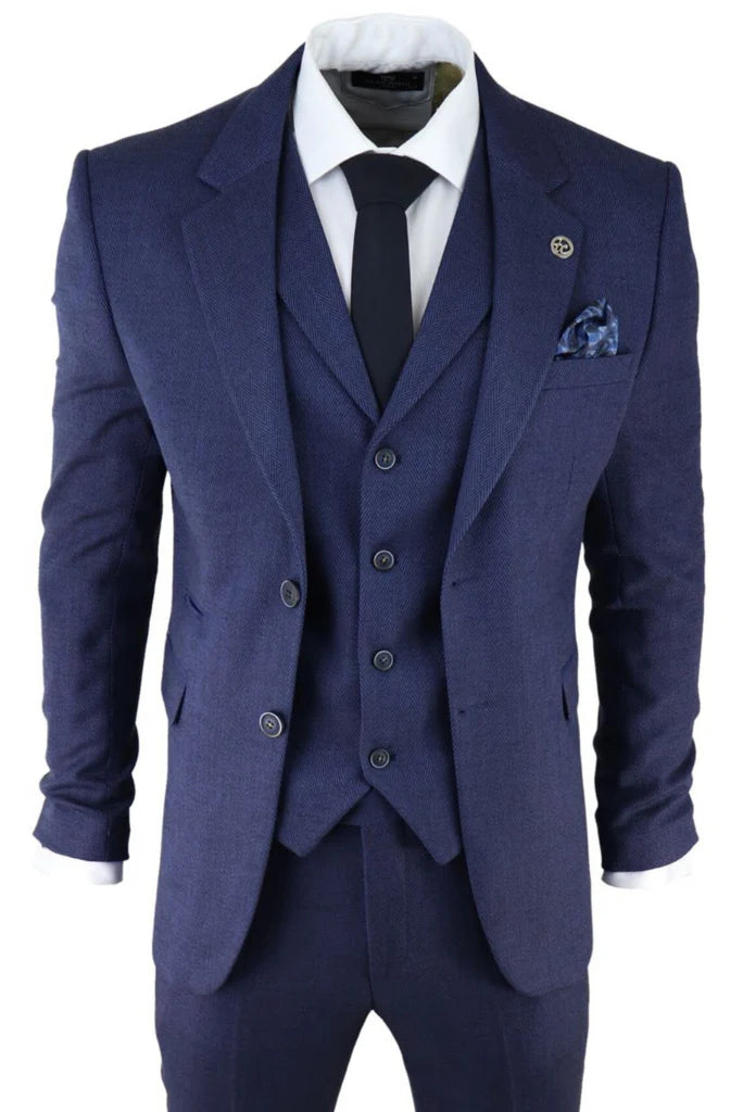 men blue three piece stylish tweed suit for men-Front