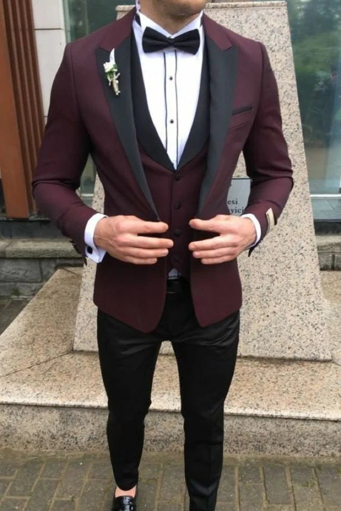 men maroon three piece tuxedo wedding wear suit-Front
