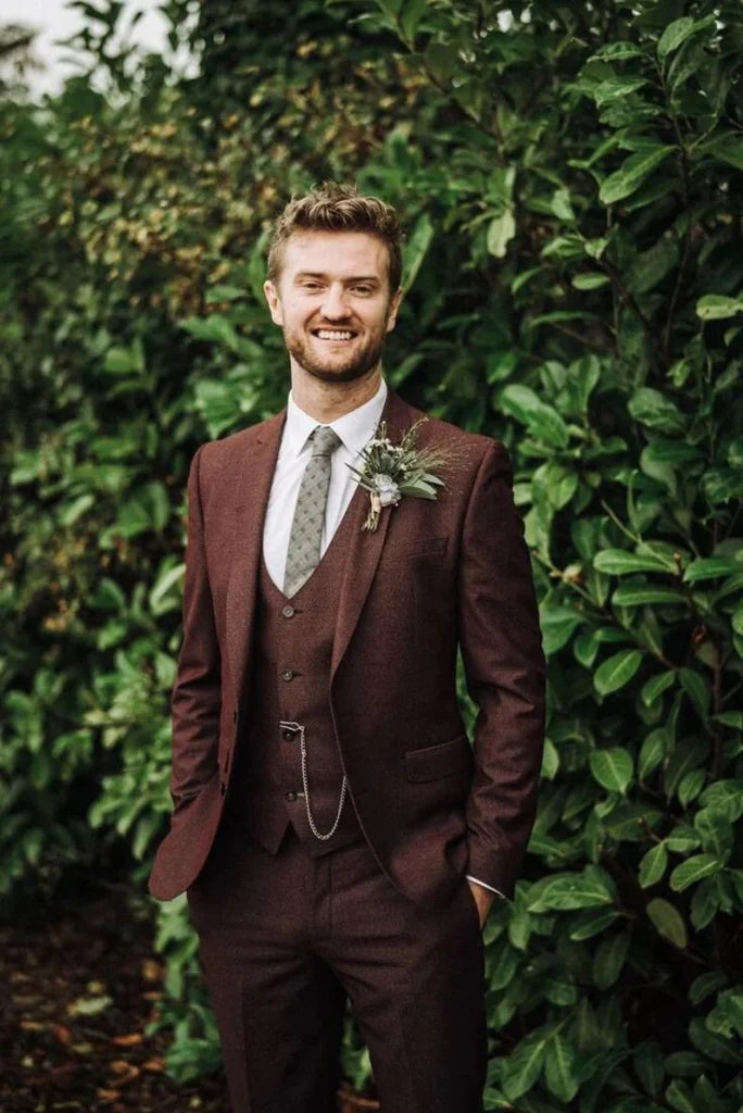 tweed maroon wedding wear suit-Front
