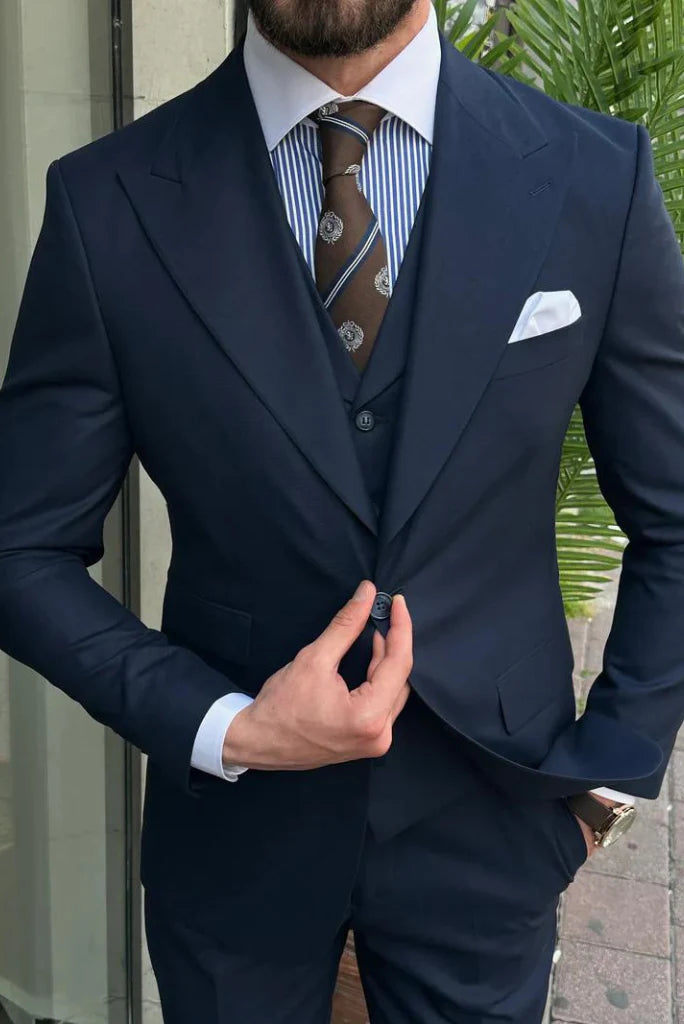 men navy blue party wear suit-Front