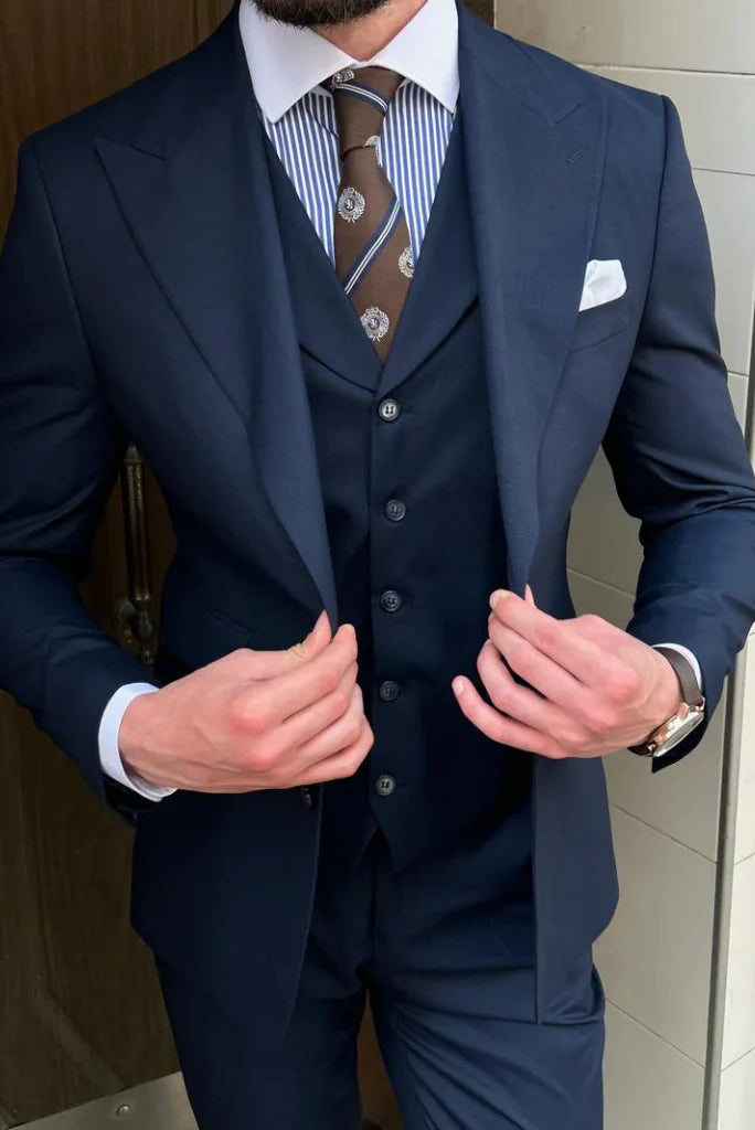 men elegant navy blue three piece suit-Front 