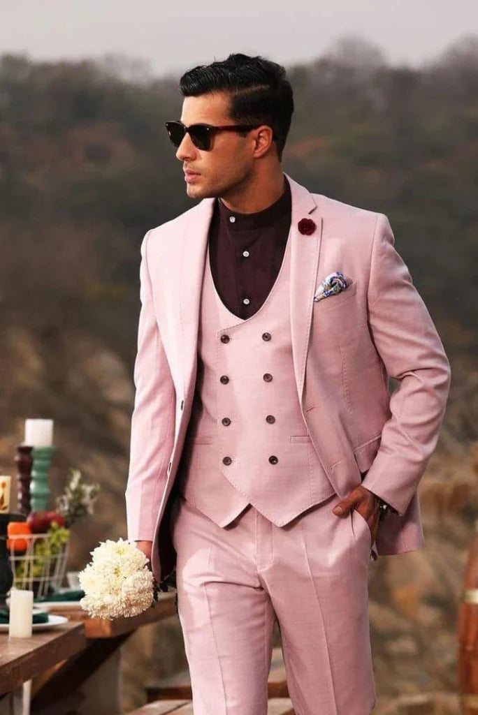 groomsmen wedding pink three piece suit-Front