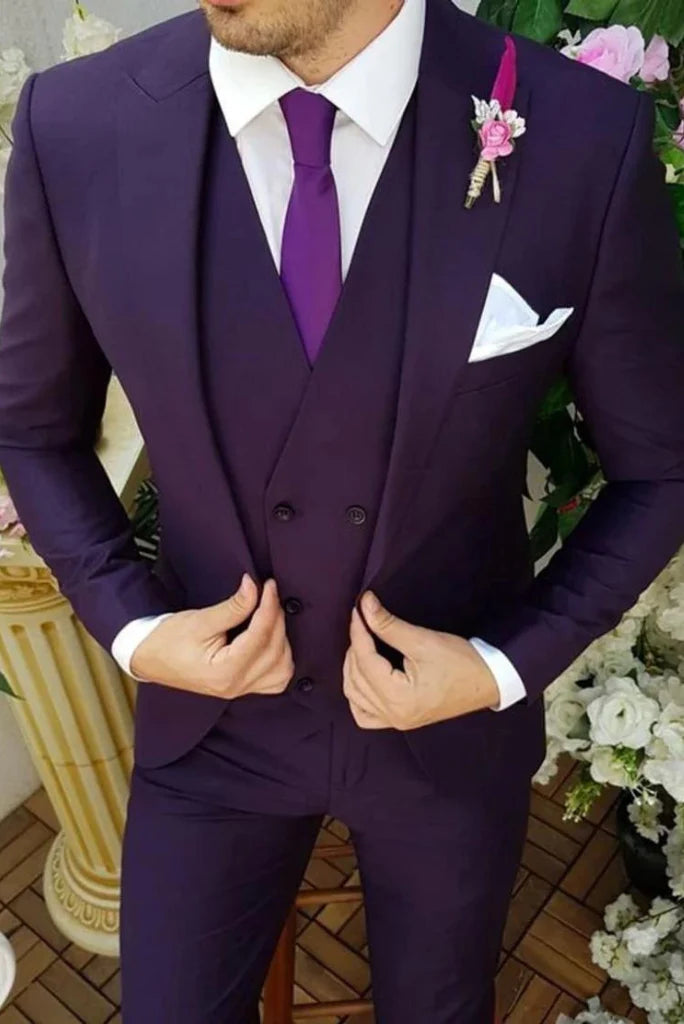 men purple wedding wear three piece suit-Front