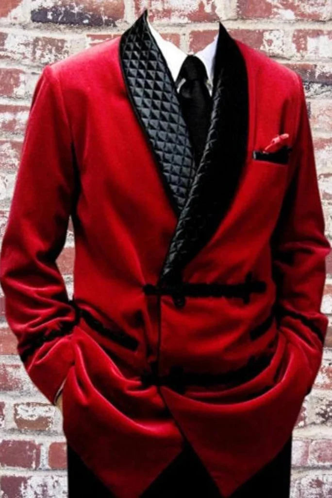 red velvet smoking jacket for men-Front