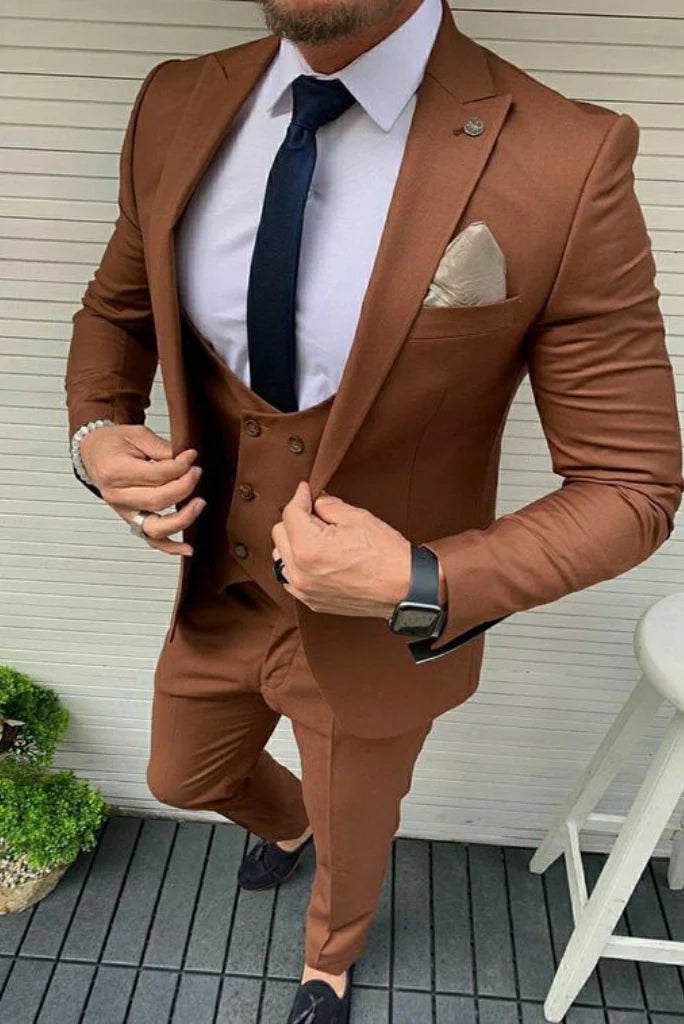 men rust three piece wedding wear suit-Front