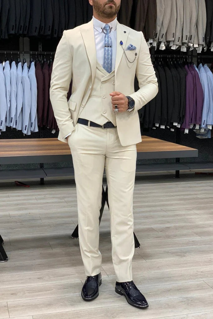 men off white three piece wedding suit-Front