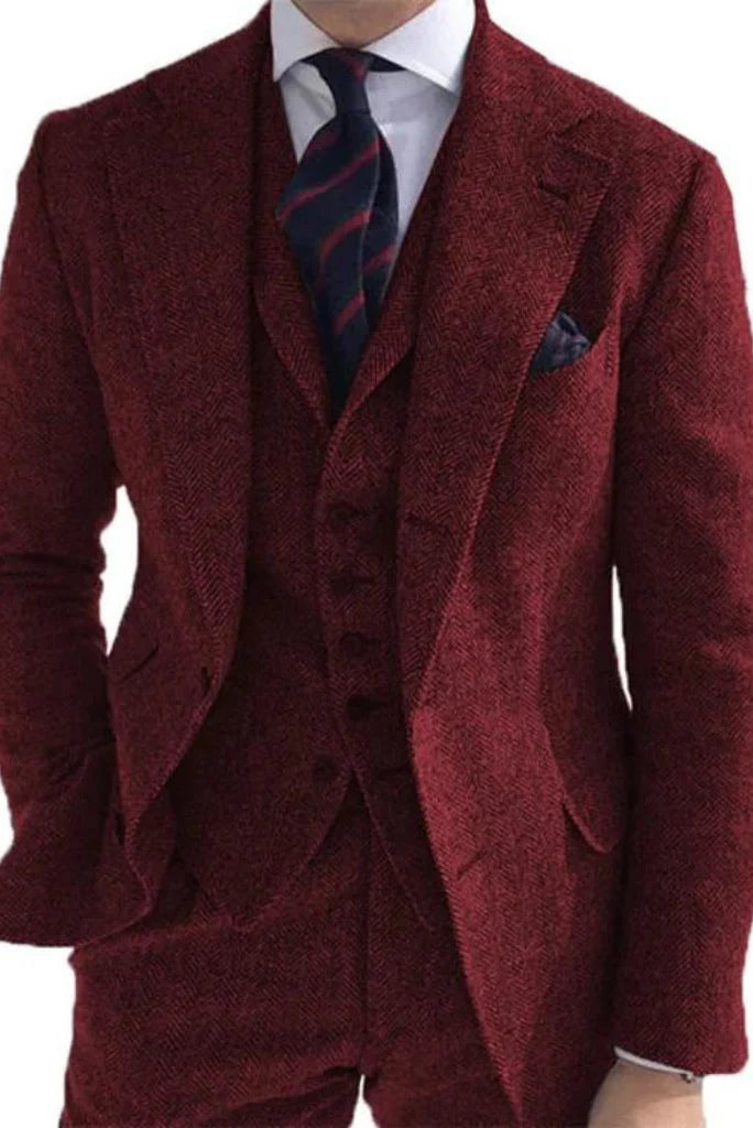 Men Wine Tweed 3 Piece Suit Wedding Suit Winter Dinner Suit Formal Party Wear Bespoke Suit Gift For Him