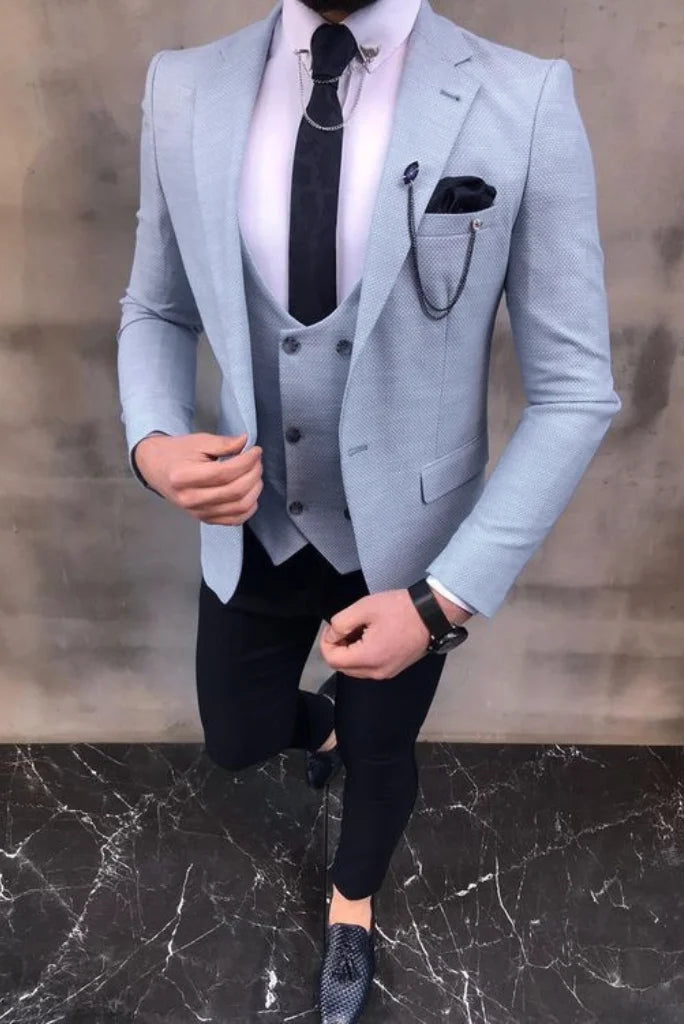 men sky blue and black suit-front
