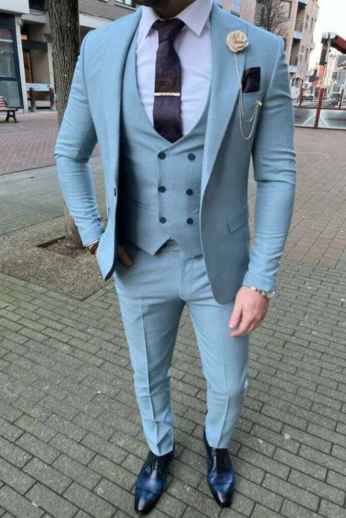 men three piece sky blue wedding suit-Front