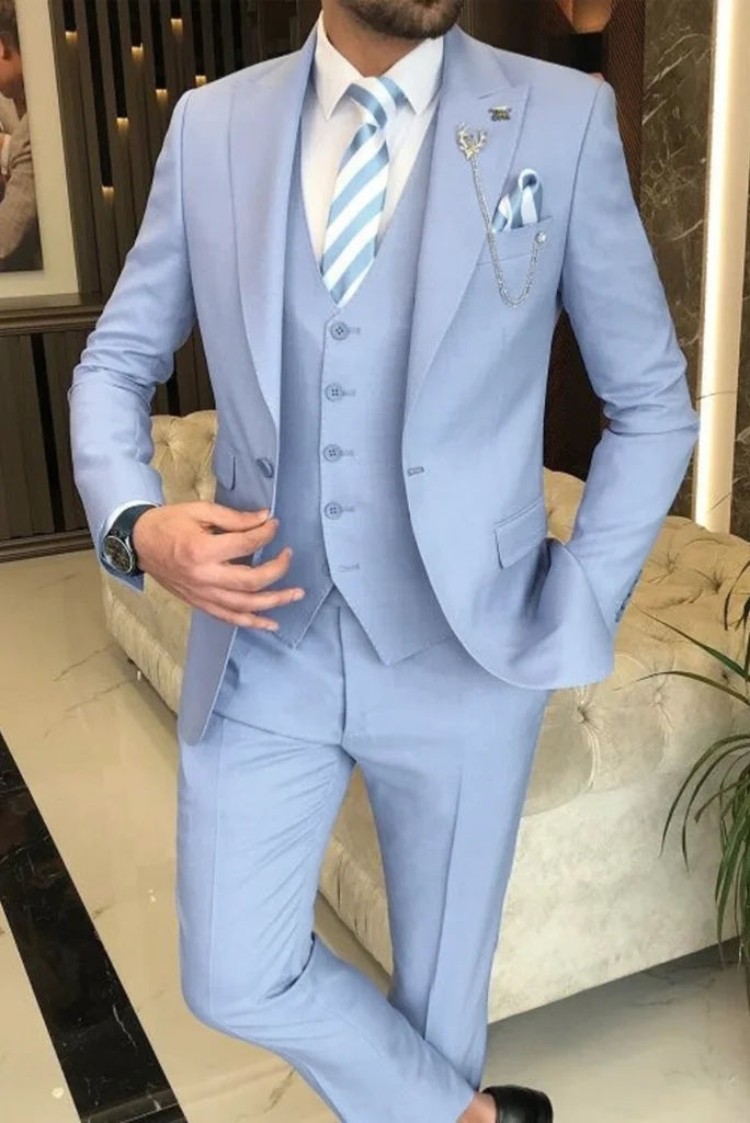 men sky blue groomsmen wedding suit-Front
