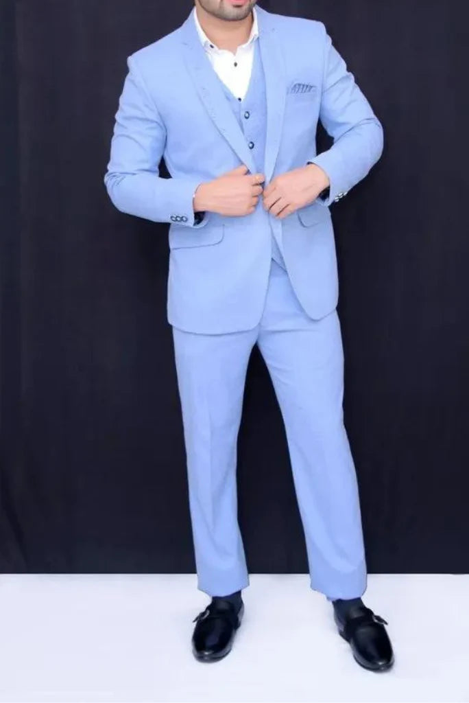 sky blue three piece party wear suit for men-Front