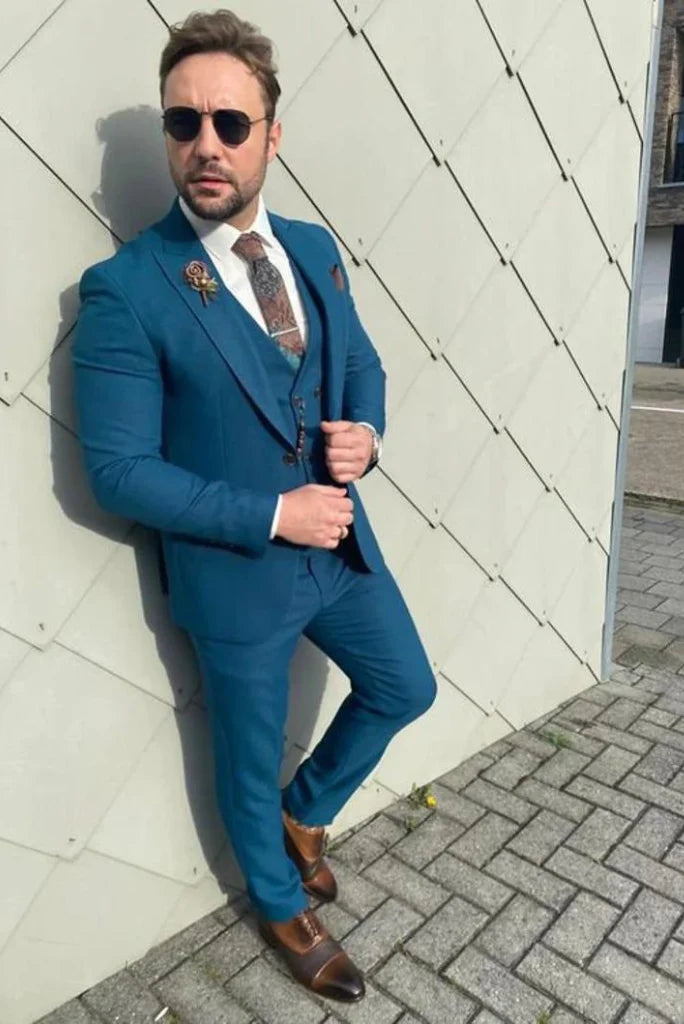 men wedding teal blue suit-Front