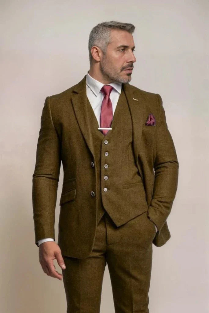 men three piece slim fit stylish tweed suit-Front