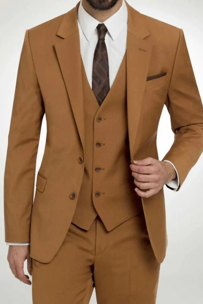 men mustard three piece party wear suit-Front