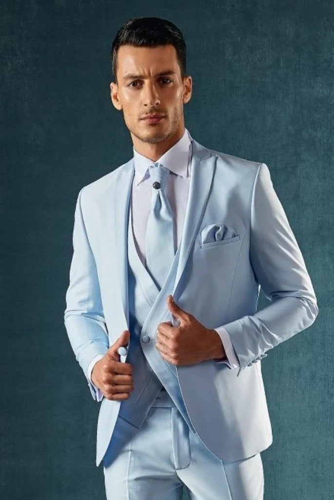 three piece sky blue wedding suit for men-Front