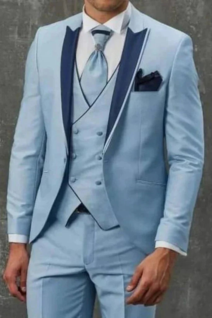 men party wear three piece sky blue suit-Front