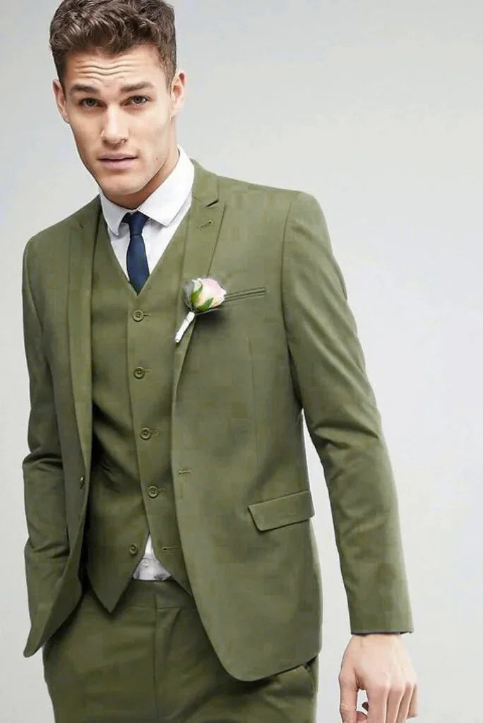 three piece wedding wear green suit-Front