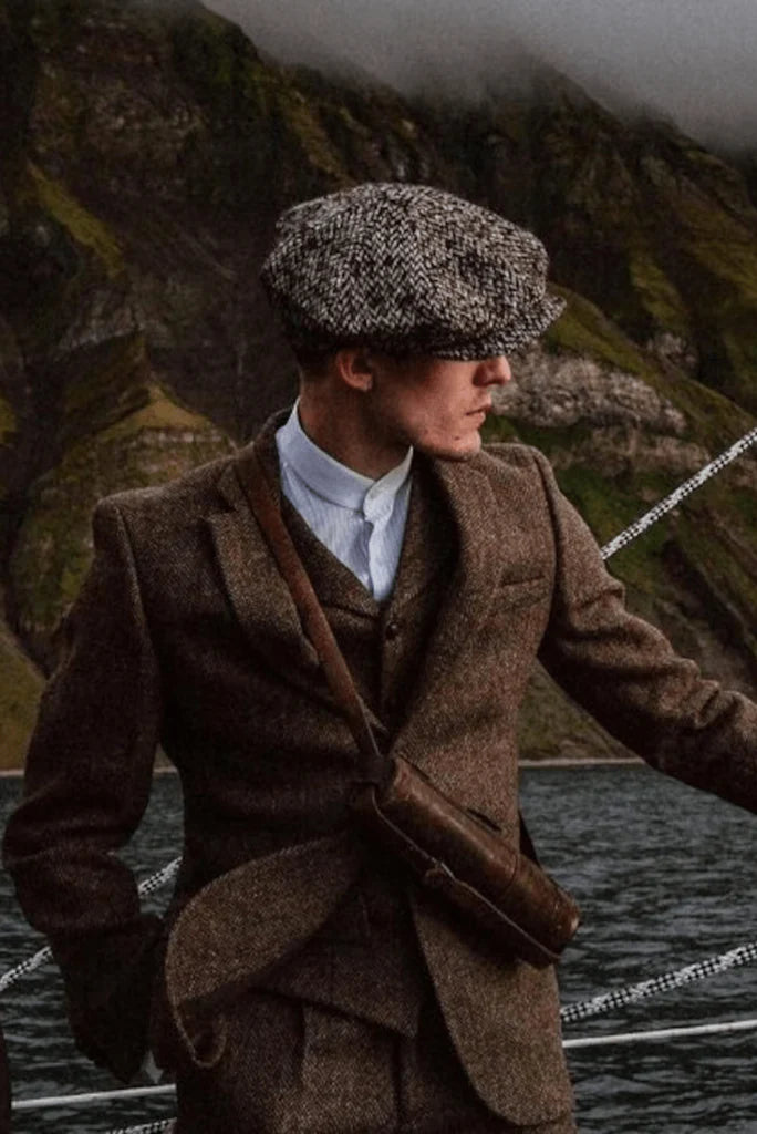 men brown tweed three piece wedding wear suit for men-Front