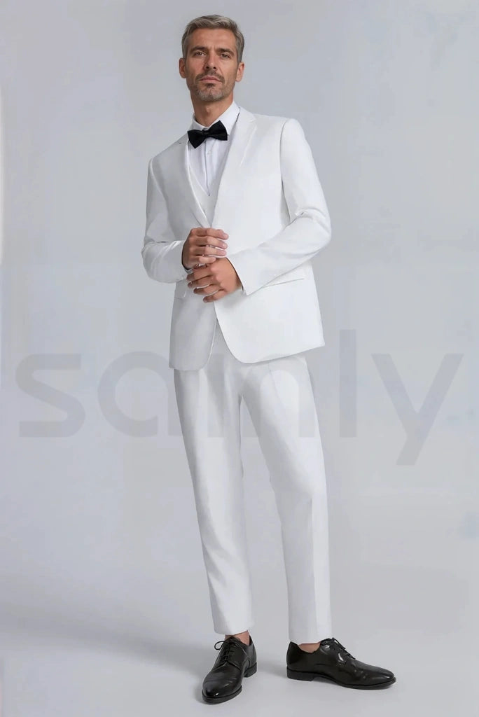 Classic white three piece formal suit for groom-front