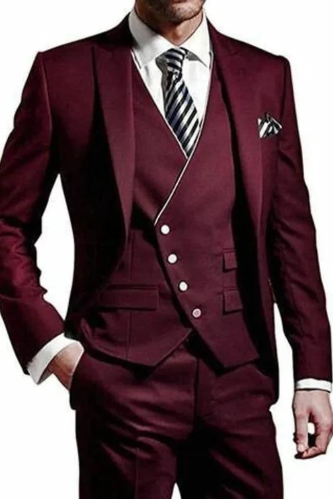 wine three piece suit for men-Front