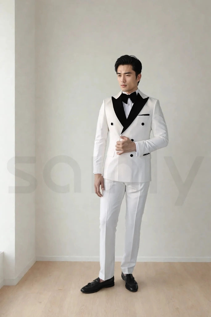 Classic white double breasted wedding suit for men