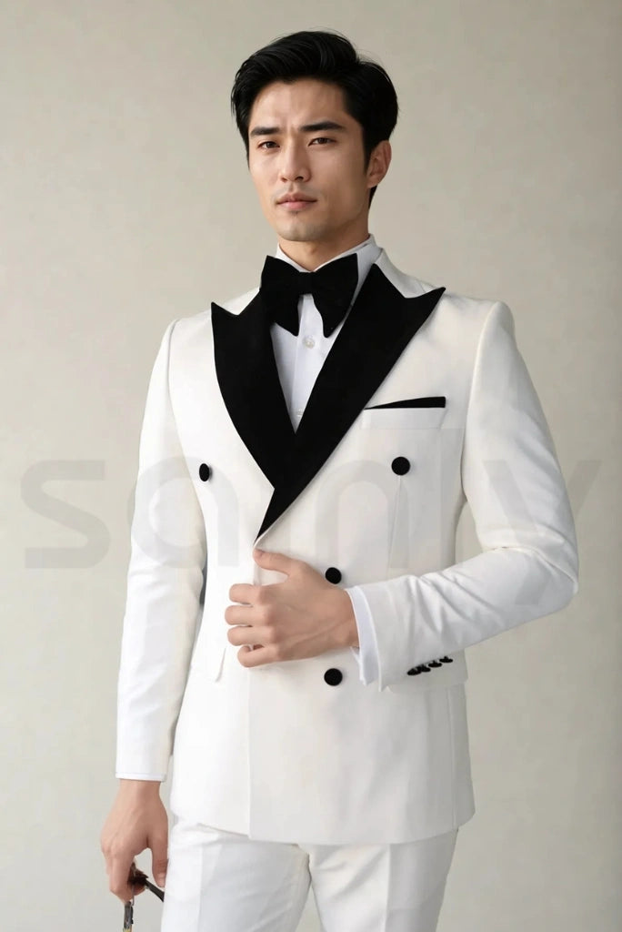 Trendy white double breasted blazer suit for men
