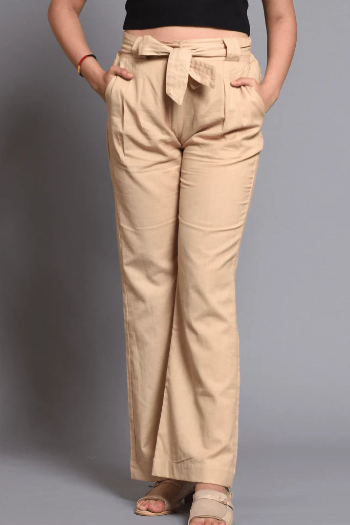 Women cream cotton linen wide leg trousers front view