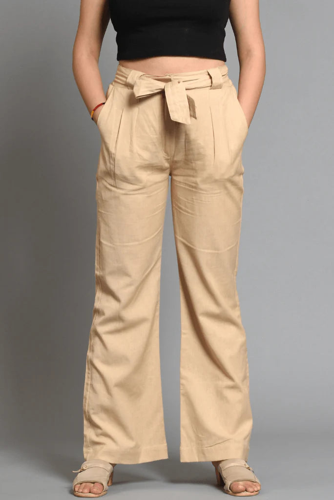 Cream colour wide leg cotton linen pants for women