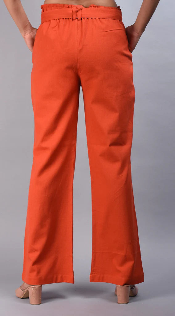 Orange Cotton Linen Wide Leg Trousers For Women