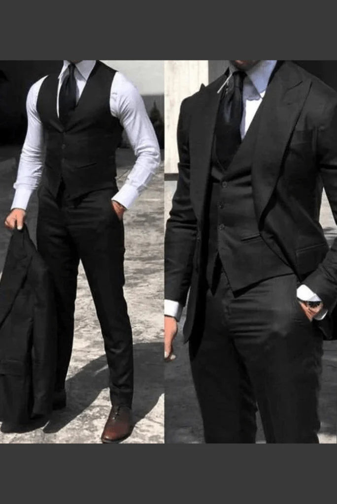 Men black three piece suit-front