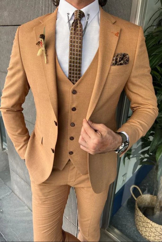 men wedding wear camel brown three piece suit-Front