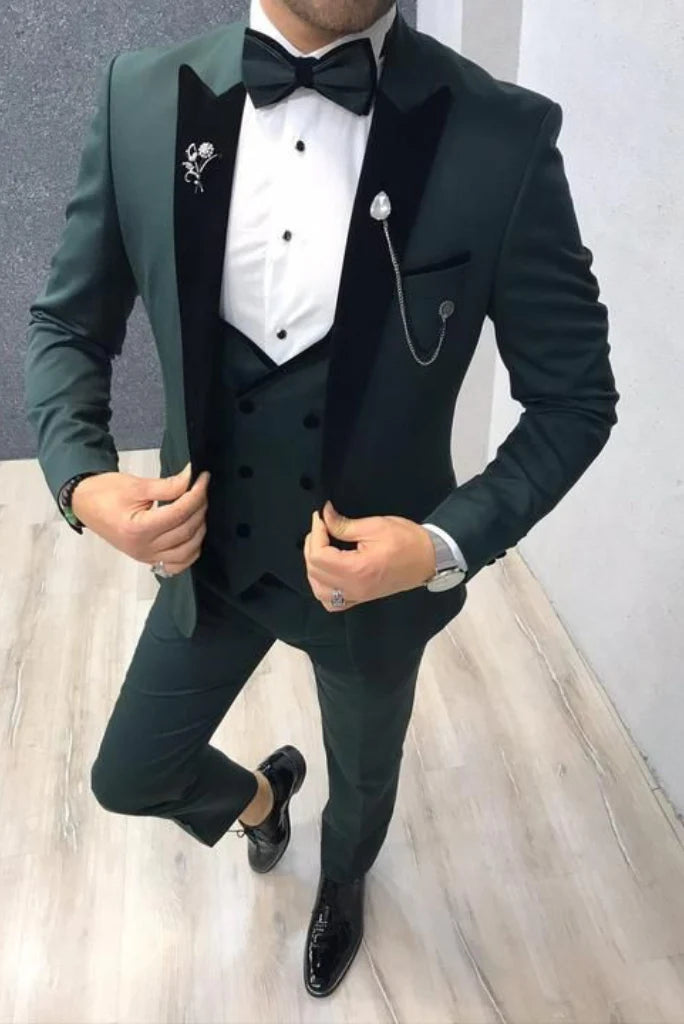 men green wedding wear three piece suit-Front